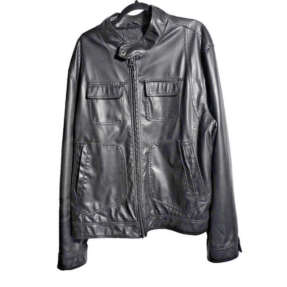 Carbon Mens XL Faux Vegan Leather Moto Black Jacket Chest Pockets Distressed SEE - Picture 1 of 13
